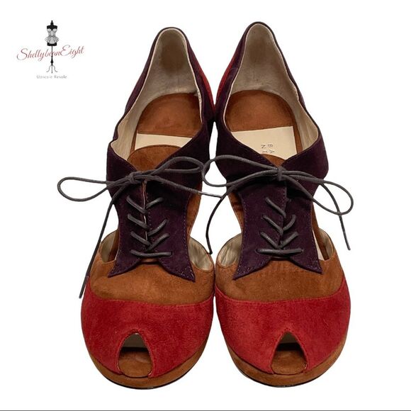 BARNEYS New York Suede Leather Colorblock Lace Up Peep Toe Heels Pumps 8.5 - Picture 9 of 16